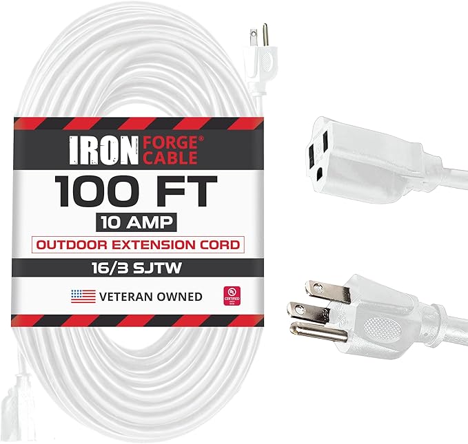 Iron Forge Cable Weatherproof 100 Ft Outdoor Extension Cord - 16/3 SJTW Heavy Duty White Extension Cord 3 Prong - 13 Amp Exterior Power Cable