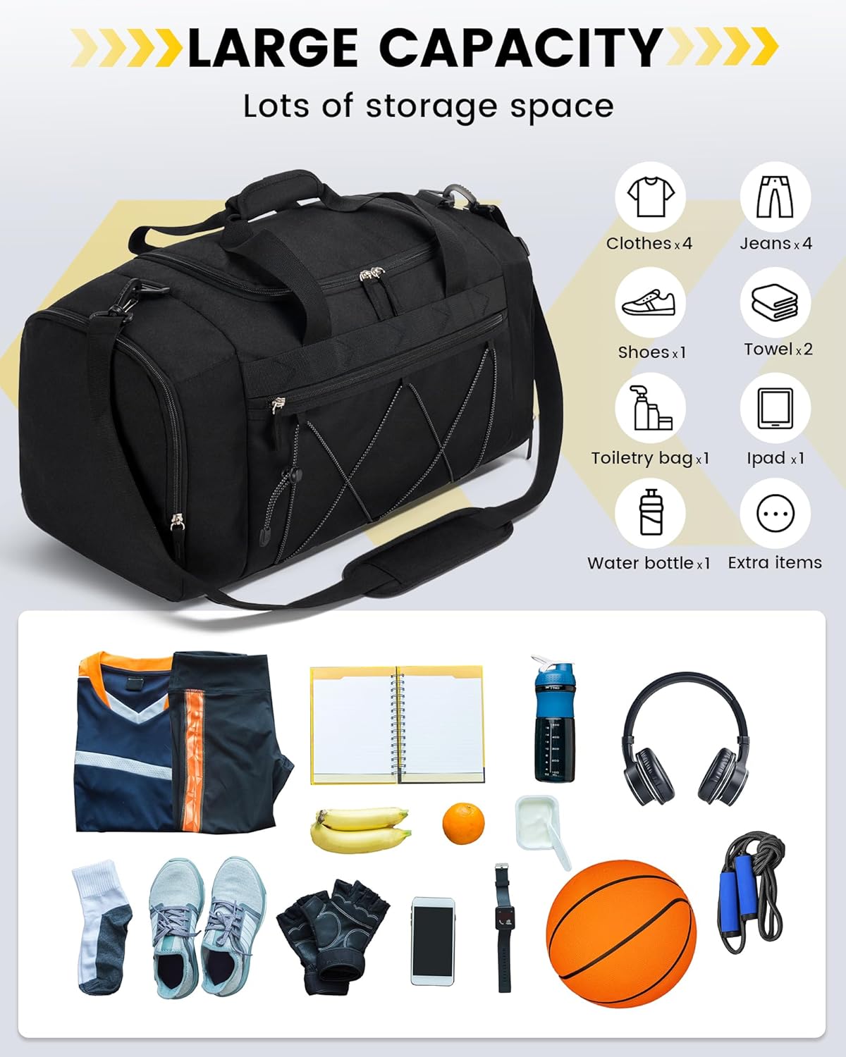 Vorspack Gym Bag - 21-Inch Water-Resistant Duffle with Shoe Compartment | Black Travel & Sports Bag