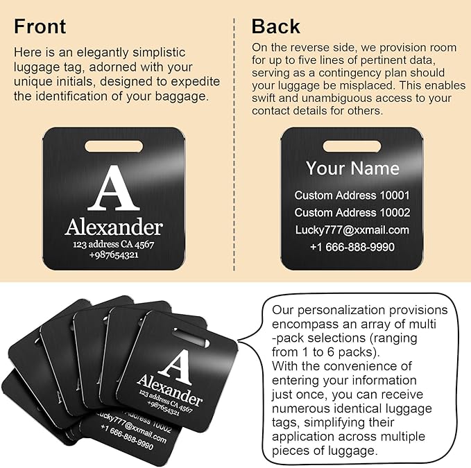 Customized Stainless Steel Luggage Tags: Personalize Your Suitcases, Backpacks, and Bags with Your Text - Custom Initial Text Name ID,Number(4 Pack)