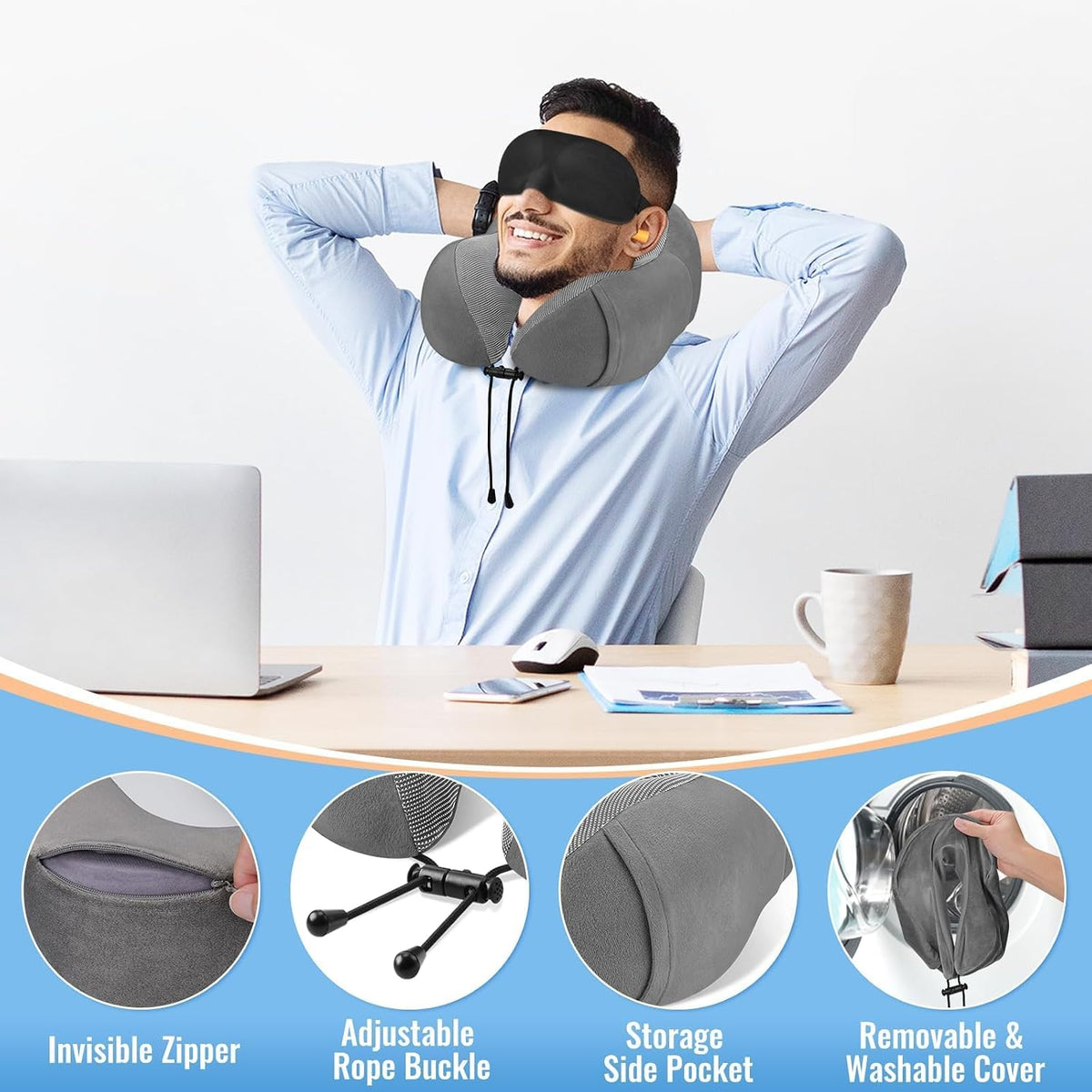 CloudBliss Travel Pillows for Airplane, Memory Foam Neck Pillows for Travel, Compact Neck Pillow for Long Flight, Car & Office, Plane Accessories with Eye Mask, Earplugs, Carry Bag, Black & Dark Grey