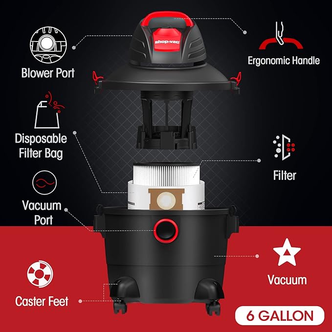 Shop-Vac 6 Gallon 3.0 Peak HP Wet Dry Vacuum, Heavy-Duty Shop Vacuum with Attachments, 5920611