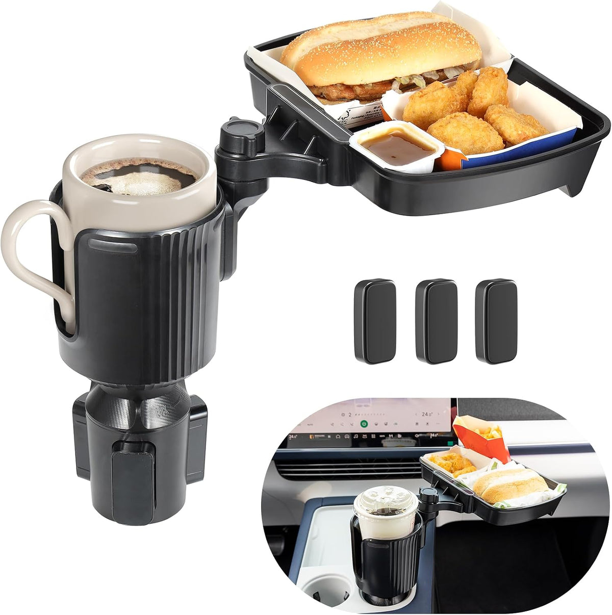 Car Large Cup Holder Expander, 3-in-1 Cupholder Extender with Swivel and Detachable Snack Food Tray Table for Eating, Travel Essentials for Road Trips for Driver. Model A