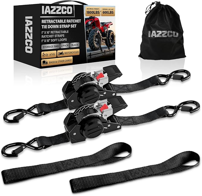 10FT Retractable Ratchet Straps(2-Pack) - 1 Inch (1800 LB Break Strength) Heavy Duty Self Retracting Ratchet Straps with Soft Loops & Storage Bag for Household, Motorcycle, Truck, ATV(Black)