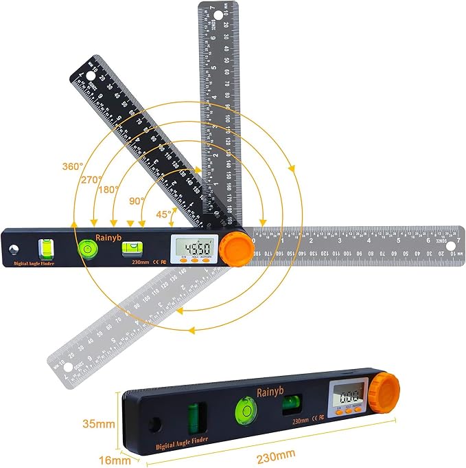 Rainyb Digital Angle Finder Tool 7inch 0-360 degree LED Digital Protractor