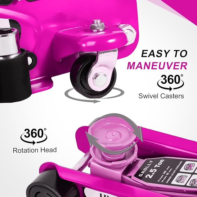 Floor Jack Kit 2.5 Ton (5,500 lbs) | Car Jack - Hydraulic Low Profile Trolley Jack - Tire Tool for SUV and Auto with Lug Wrench Pink