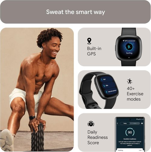 Fitbit Versa 4 Fitness Smartwatch - Daily Readiness, GPS, 24/7 Heart Rate, Black/Graphite, One Size (S & L Bands)