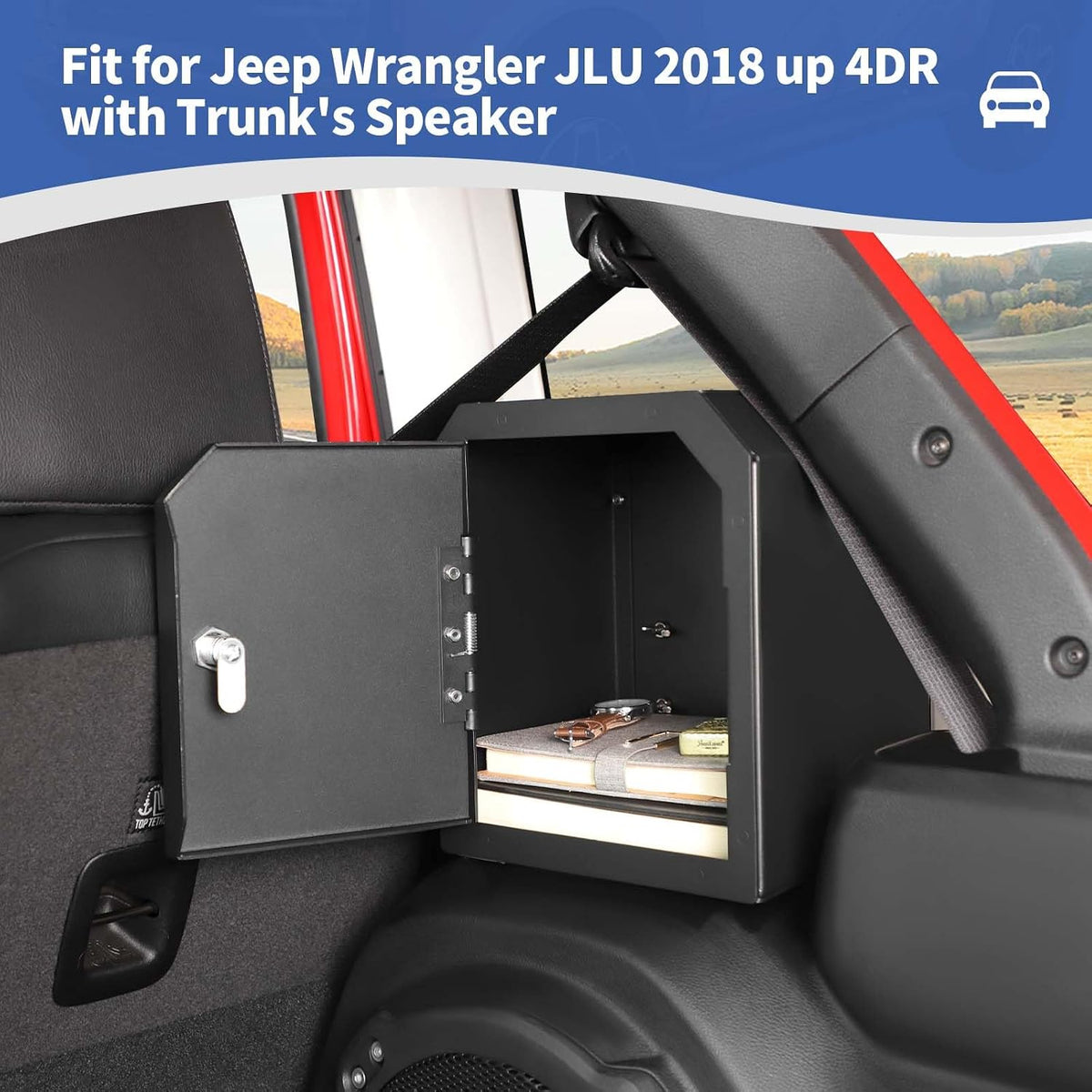 for Jeep JLU Right Side Trunk Safe Box with Security Lock for Jeep Wrangler JLU 2018 up 4DR with Trunk Speaker Black Metal Storage Accessories