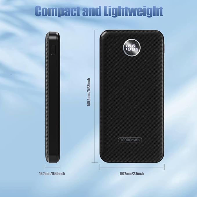 Portable Charger, Compact 10000mAh Power Bank with Type-C Cable, 22.5W Fast Charging External Battery Pack with LED Digital Display for iPhone and Android Black