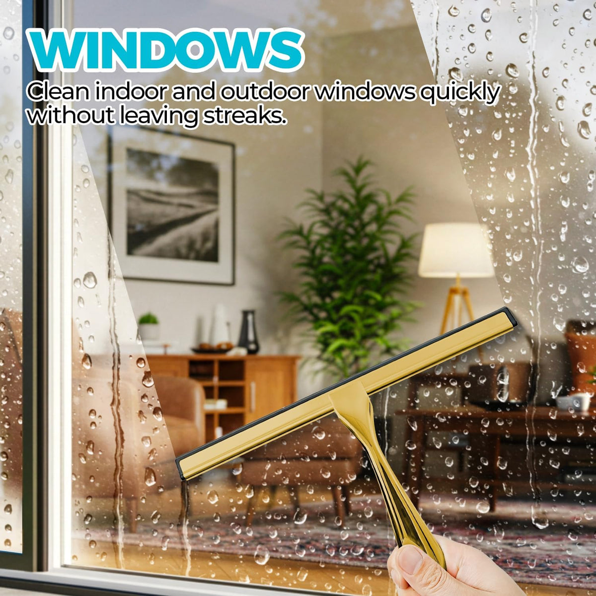 ALFLOD 12" Shower Squeegee for Glass Doors, Tile Walls, Car Windows, Gold | Bathroom accessories, new home essentials, silicone blade, metal handle, adhesive hook, household tool, multipurpose cleaner