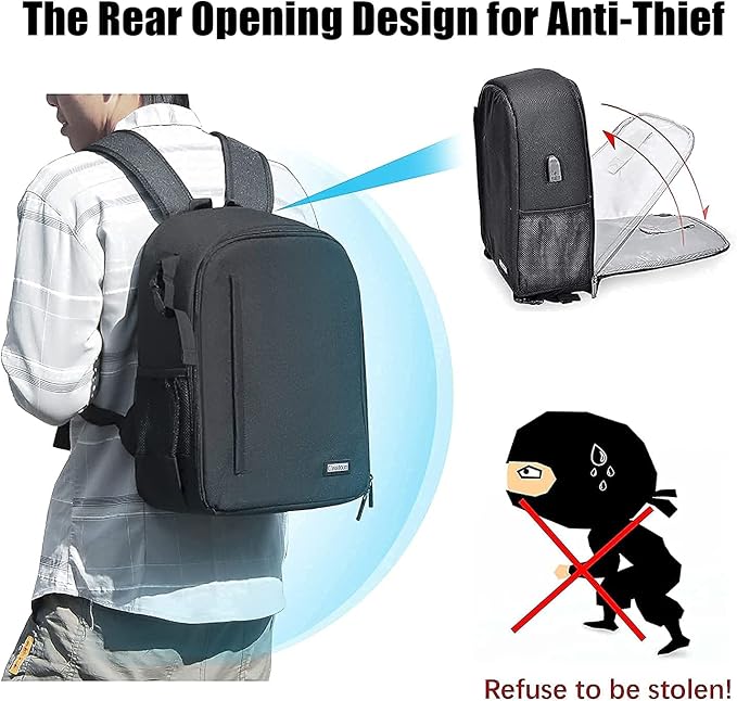 Cwatcun Camera Backpack with USB, Rain Cover, fit 15.6" Laptop, Anti-Theft Rear