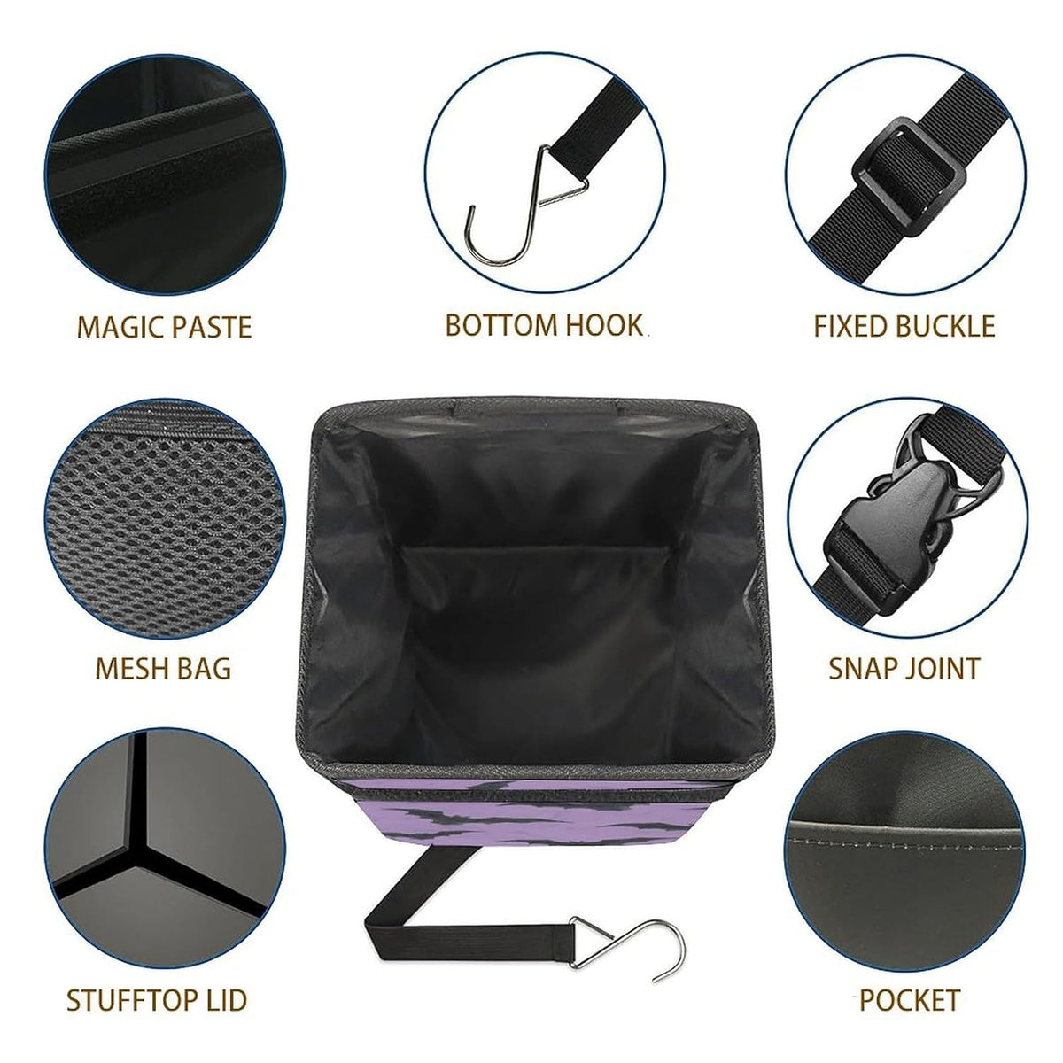 Purple Goth Bat Car Trash Can with Lid - Collapsible Reusable Waterproof Garage Bag,Automotive Garbage Can,Car Accessories Interior Organizer