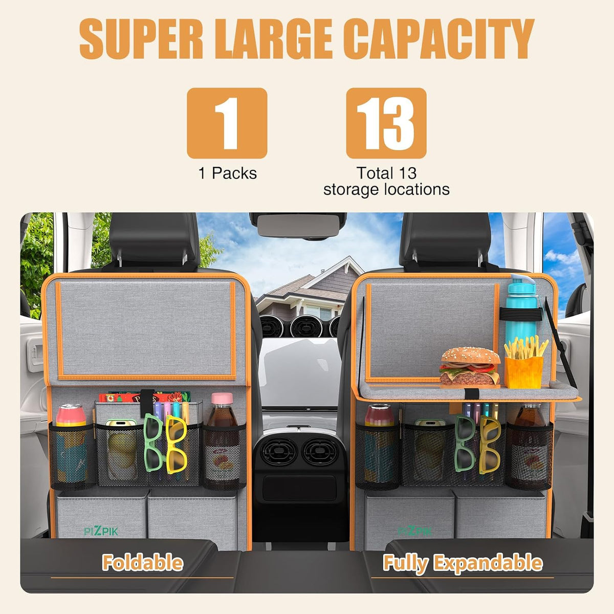 Plzpik Car Backseat Organizer with Tablet Holder,11 Storage Pockets with Foldable Food Tray, Protector Kick Mats for Kids, Travel Accessories Organizer (Orange, 1Pack)