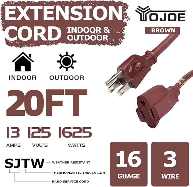 YOJOE Indoor Outdoor Extension Cord, 3 Prong 13A Weatherproof Power Cord, 16 Gauge Heavy Duty 20 ft Brown Extension Cord for Garage, Garden and Home, 16/3 SJTW UL Listed