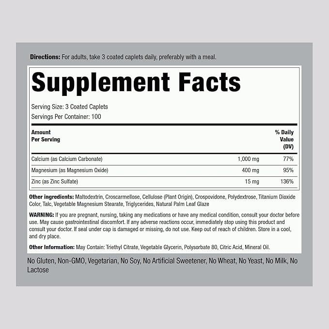 Piping Rock Calcium Magnesium Zinc Supplement | 300 Coated Caplets | Non-GMO, Gluten Free