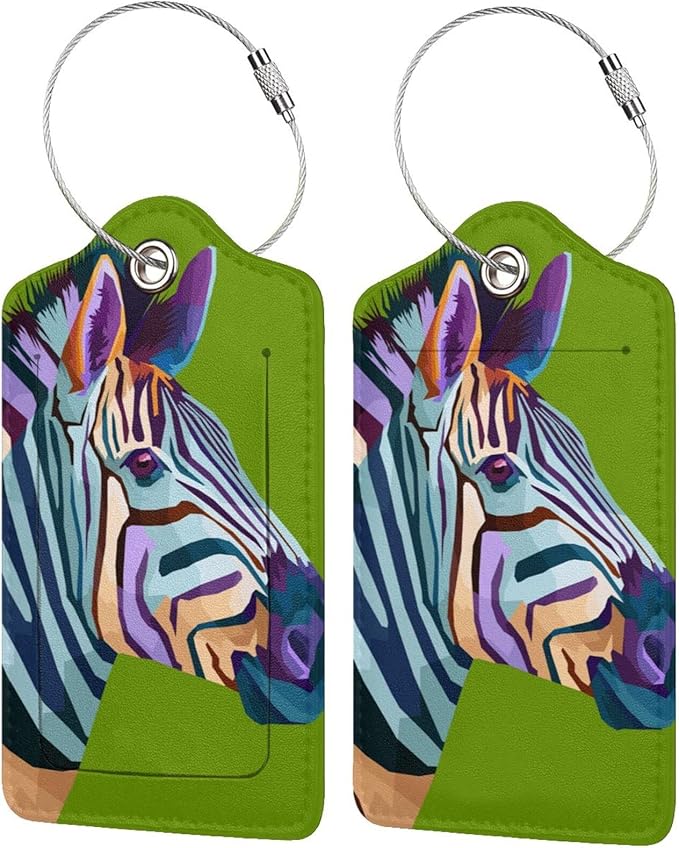 2pcs Zebra Luggage Tag for Suitcases Baggage, Colorful Airport Cruise Leahter Luggage Tag on Green Background and Full Back Privacy Cover for Travel Sports Teens Kids