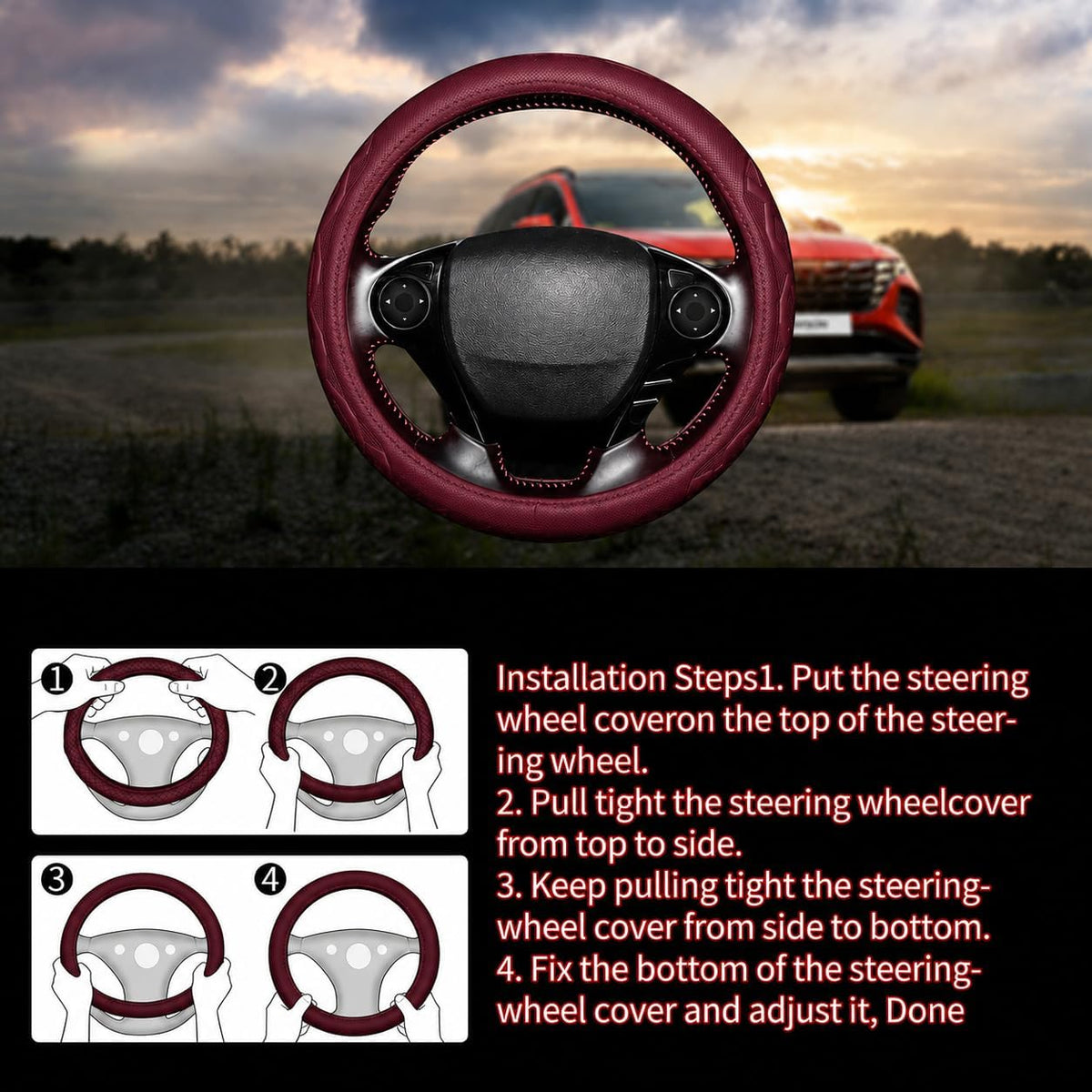 Steering Wheel Cover with Anti-Slip Leather Grip Compatible with Ford, Toyota, Honda, Nissan, and Chevrolet Vehicles for 14.5-15.35 inch Round Steering Wheels Universal Car Accessories