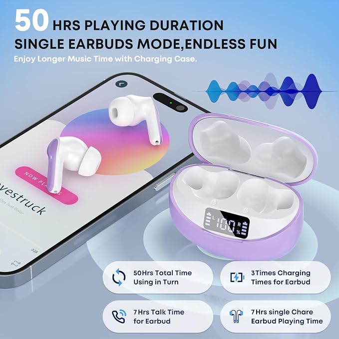 Wireless Earbuds, Bluetooth 5.3 Headphones HiFi Stereo 50H Playback LED Digital Display Ear Buds with ENC Noise Canceling Headset, IPX7 Waterproof Earphones for Gym/Running/Work(Light Purple)