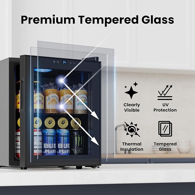 Yeego Beverage Refrigerator Drink Cooler, 65 Cans Mini Fridge Glass Door | Soda Wine Beer Cooler, 34°F To 54°F Temperature Control, for Home Office Bar, Countertop, Black