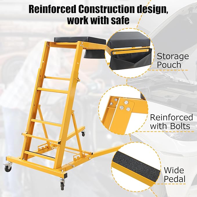 PioneerWorks Top Automotive Creeper, 400 LBS Capacity High Creeper with 4 Swivel Caster Wheels, Height-Adjustable Automotive Engine Creeper for Auto Repair and Maintenance,Black and Yellow