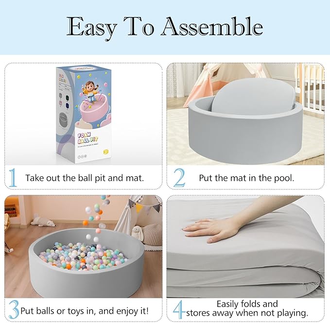 Foam Ball Pit, 35.4"x 11.8" Ball Pits for Toddlers, Soft Round Kiddie Baby Playpen Ball Pool for Kids, Ideal Gift for Babies Indoor and Outdoor Game, Grey, (Balls not Included)