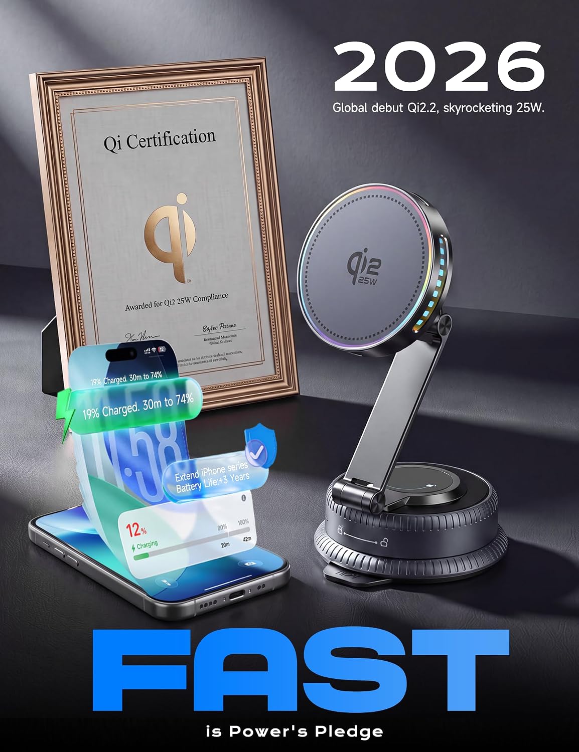 Qi2.2 25W MagSafe Car Mount Charger, Cooling Fan, 75W Fast Adapter