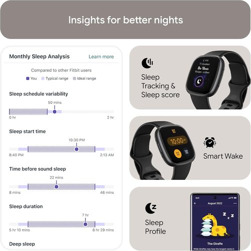 Fitbit Versa 4 Fitness Smartwatch - Daily Readiness, GPS, 24/7 Heart Rate, Black/Graphite, One Size (S & L Bands)