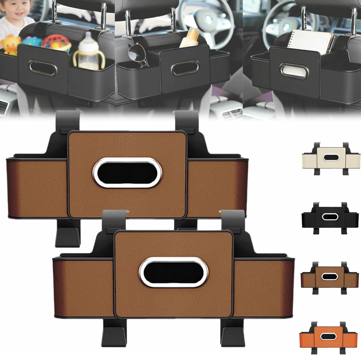 Car Organizer and Storage Box, 3-in-1 Car Seat Back Storage Box, Multifunctional Headrest Backseat Organizer with 2 Cup Holders, Smart Car Organizer for Most Vehicles (2pcs Brown)