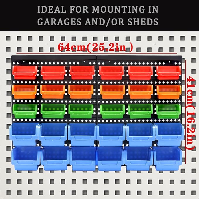 Wall Mounted Storage Bins Parts Rack 4 Colors Garage Plastic Shop Tool Organizer, ABS Plastic Garage Rack, Screw Storage 30 Bins