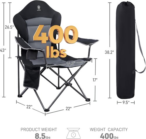 Ever Advanced Folding Camping Chair - High Back Padded Oversized Portable Lawn Chairs | Lightweight Steel, Black (2 Pack)
