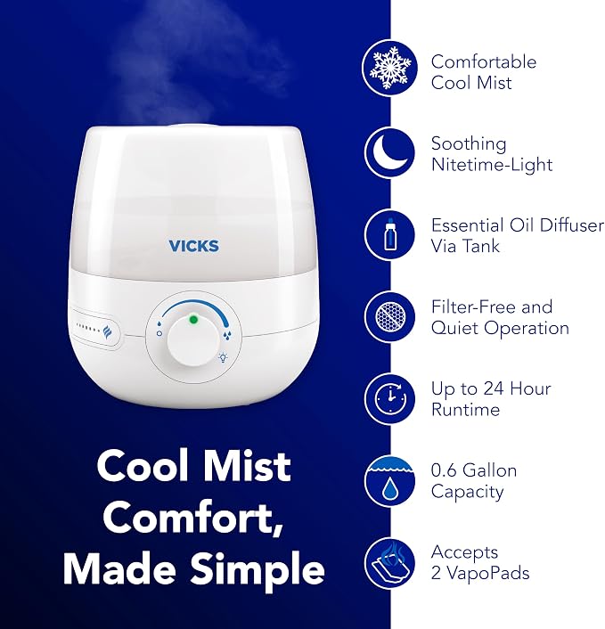 Vicks NaturalCare Cool Mist Ultrasonic Humidifier, Small Room Humidifier for Bedroom, Diffuser with Nighttime Light, Works with Vicks VapoPads, White