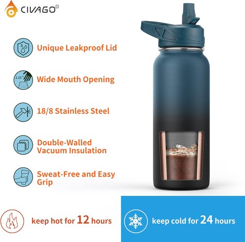 CIVAGO 32 oz Insulated Water Bottle - Stainless Steel Sports Flask with 3 Lids | Classic Ombre Gray
