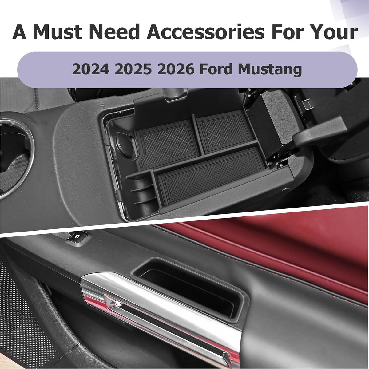 LUWU 3PCS 2025 2026 Mustang Center Console Organizer Compatible with Ford Mustang 2024 2025 2026 Accessories Armrest Console Storage Box Insert Tray Door Side Tray ABS Material Coin Container Black