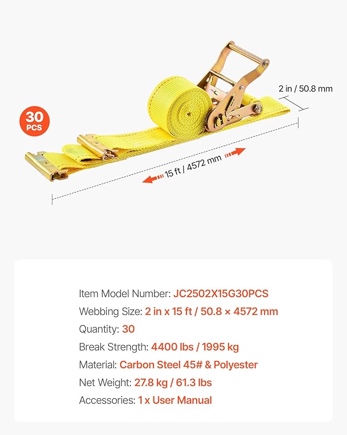 VEVOR E Track Ratchet Straps (30-Pack), 2" x 15'E-Track Straps 4400 LBS Breaking Strength, Polyester Webbing & Spring Fitting & Ratchets, Durable Tie-Downs for Tires Motorcycles Trailers Loads Yellow