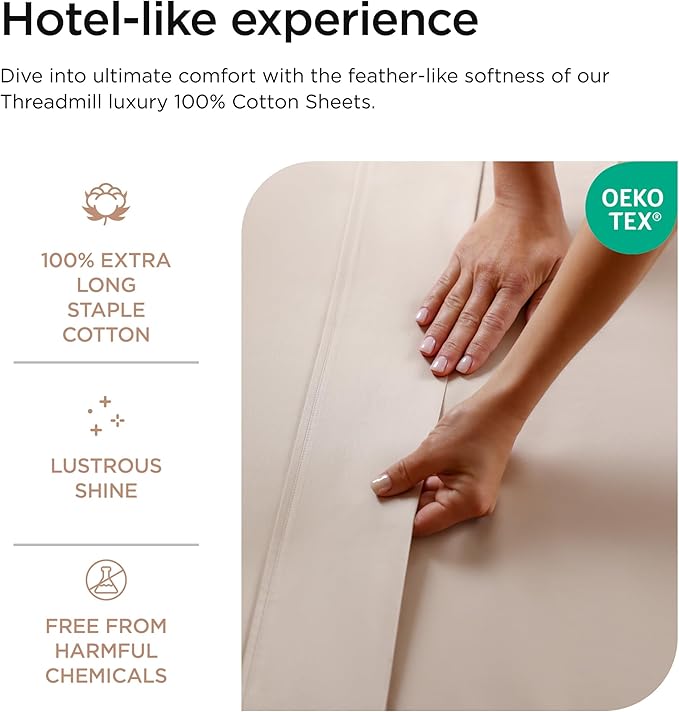 Threadmill Luxury 800 Thread Count 100% Cotton Sheets - Light Beige Sateen Weave Twin Size Bed-Sheets, Better Than Egyptian Cotton,3 Pc Solid Soft Bedding Set, Fits 15" Deep Pocket