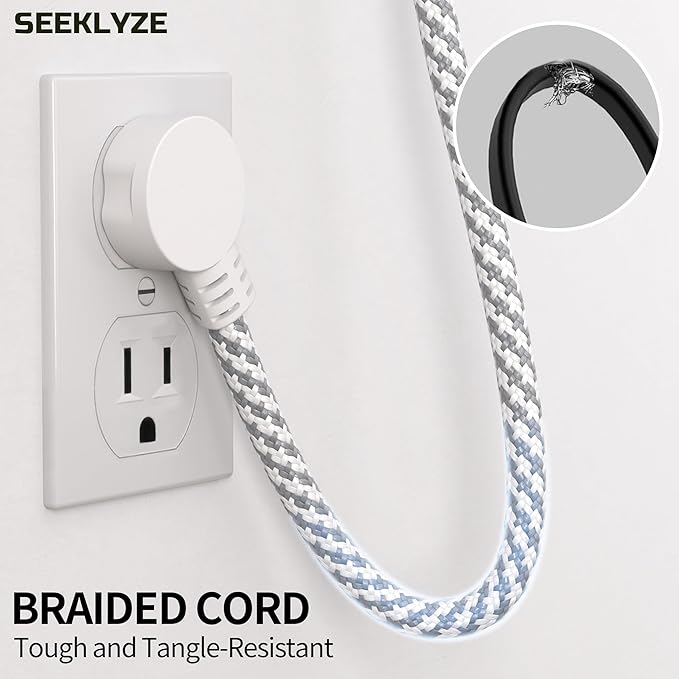 16 Gauge Braided Extension Cord 10 FT, 16/3 Flat Plug Power Cord Indoor, 3 Prong White Extension Cable Flexible for Home Dorm Room Essentials, 13A 125V 1625W, ETL Listed