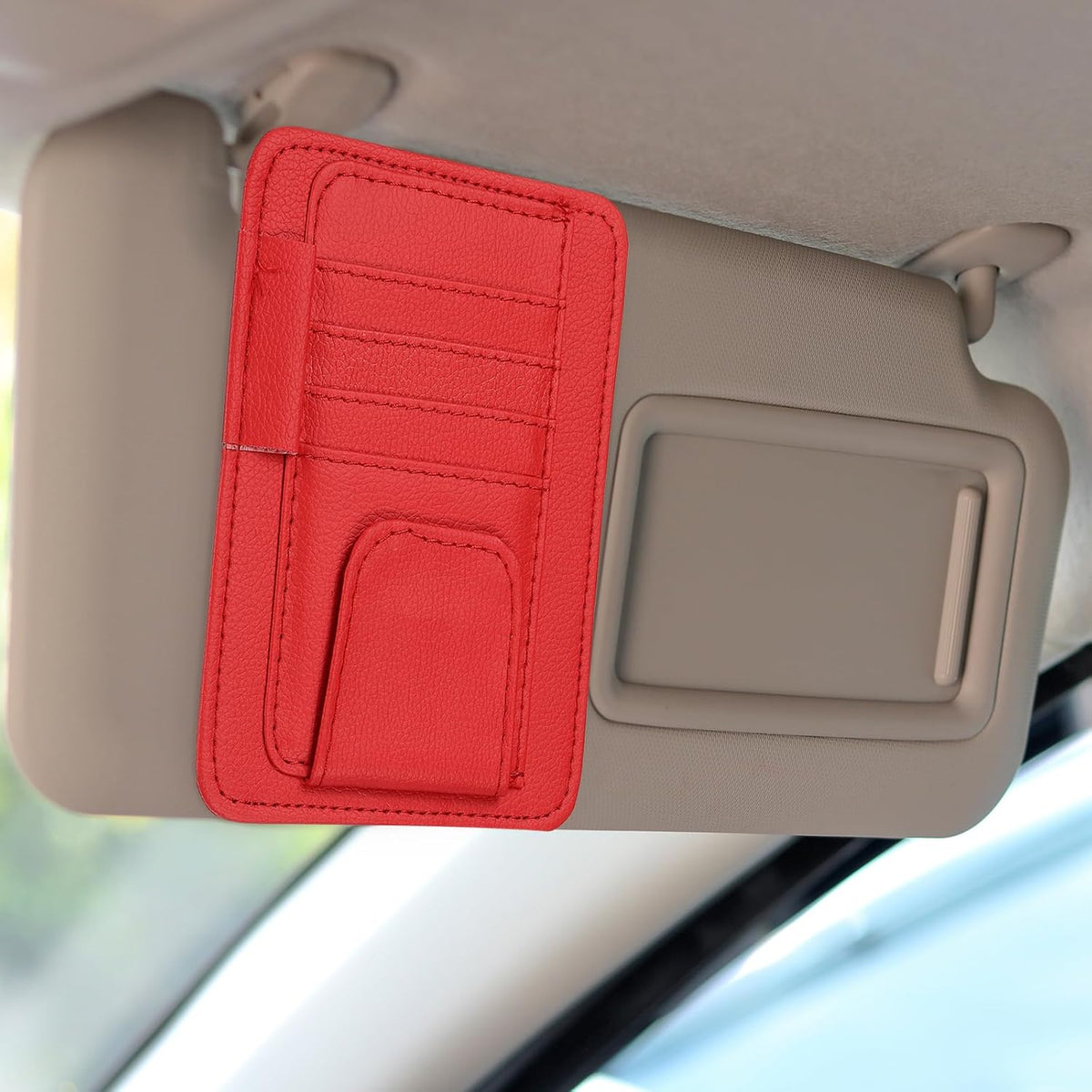 HARFINGTON 2Pcs Car Sun Visor Organizer 6.02" x 4.76" Leather Multi-Pocket Visor Card Sleeve Pocket Car Truck SUV Interior Storage Pouch for Driving License Credit Card Bill Sunglasses, Black