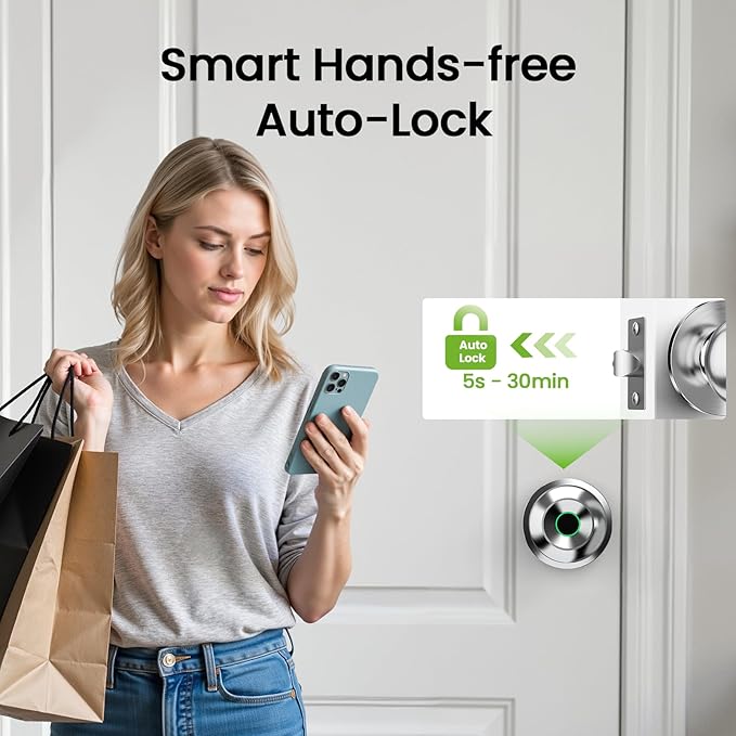 GHome Smart Fingerprint Door Lock, 3 in 1 Smart Fingerprint Door Knob with App Control & Key, Auto Lock, Biometric Door Knobs with Lock for Bedroom, Garage, Home & Office