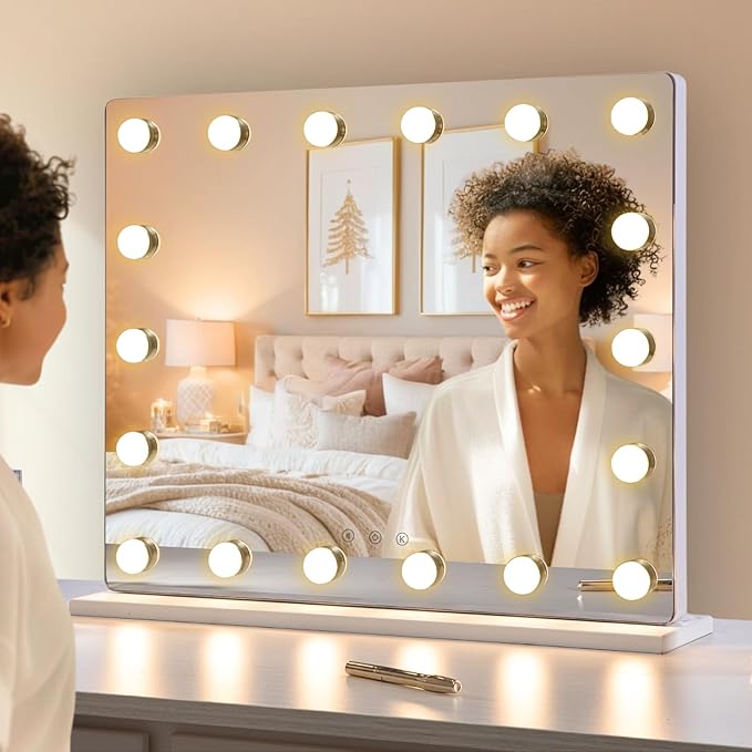 LUXFURNI Large Hollywood Vanity Mirror with Lights, 25" Lx21 W Lighted Makeup Mirror with 18 Dimmable Bulbs, Smart Touch Control 3 Color Lighting Modes, White