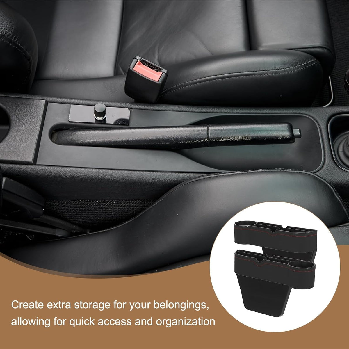 HARFINGTON Car Seat Gap Filler Organizer 10.6 x 7.1 x 2.8 Inch ABS+Leather Universal Car Organizer Storage Box Between Seat and Console(Left) with Cup Holder for Phone Keys, Black