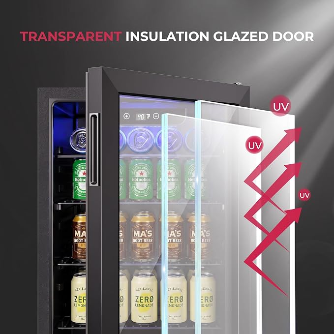 100 Can Beverage Refrigerator Cooler, 2.7 cu.ft Mini Fridge Glass Door for Beer Drinks Wines, Freestanding Beverage Fridge with Adjustable Shelves Blue LED for Home/Office/Dorm/Bar, Black
