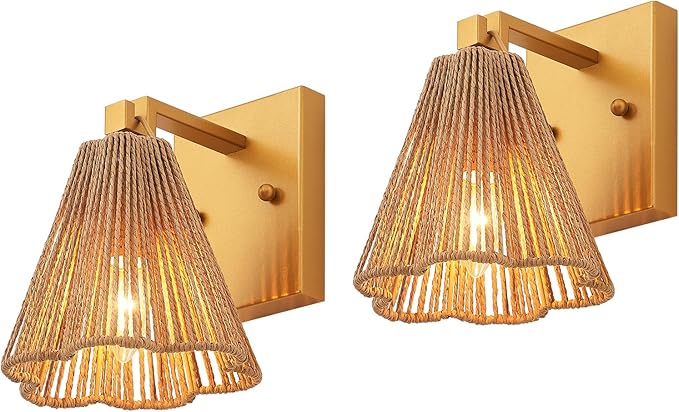 Set of 2 Wall Sconces Boho Hand Woven Rattan Wall Lights Brass Wall Lamp with Flower Wicker Shade for Bedside Hallway Vanity Stairway Fireplace Living Room, UL Listed