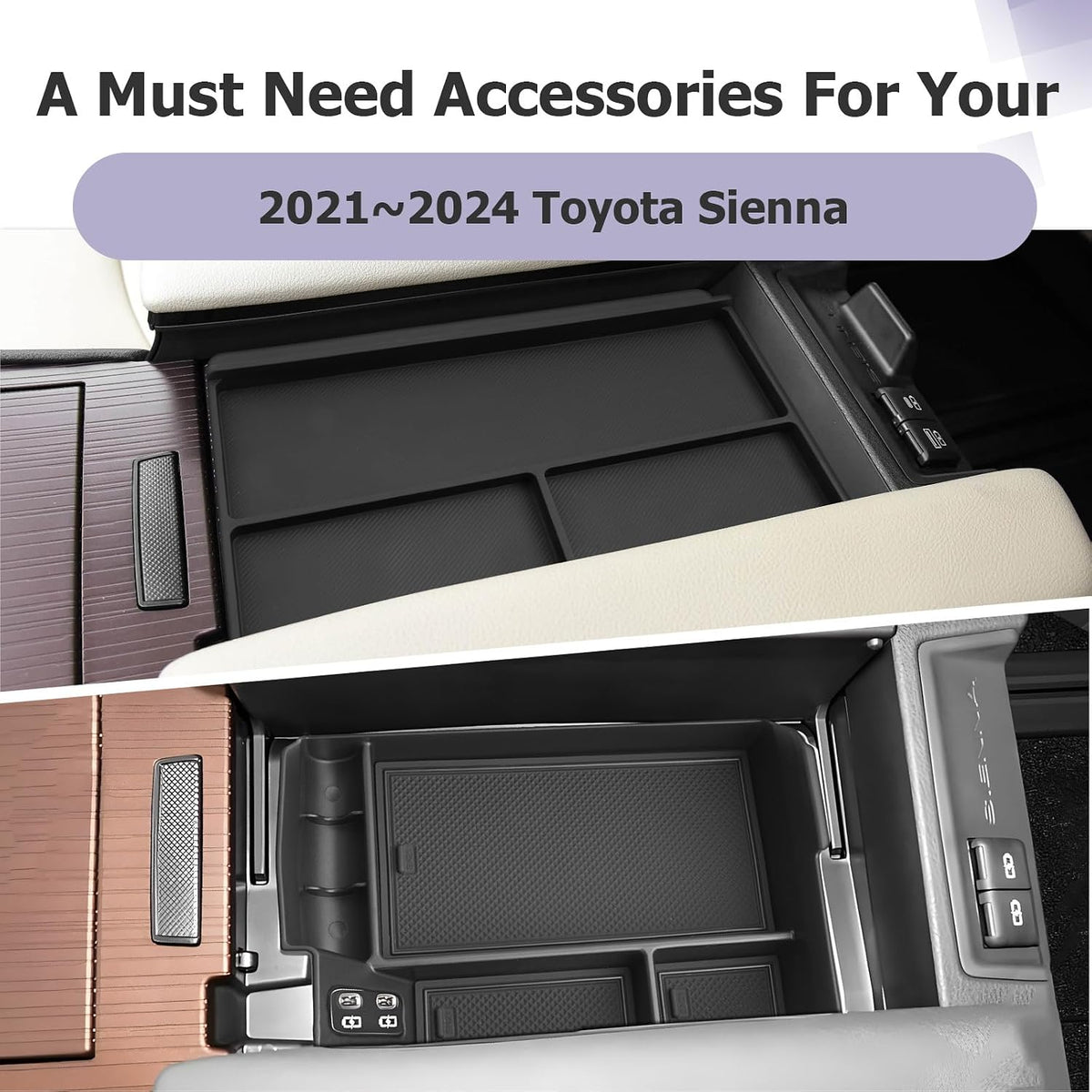 LUWU 2025 2026 Sienna Accessories for 2021 2022 2023 2024 2025 2026 Toyota Sienna Accessories Center Console Organizer, Armrest Console Tray Anti-Slip Armrest Lid Black 2-Pack (Not for Cool Box)