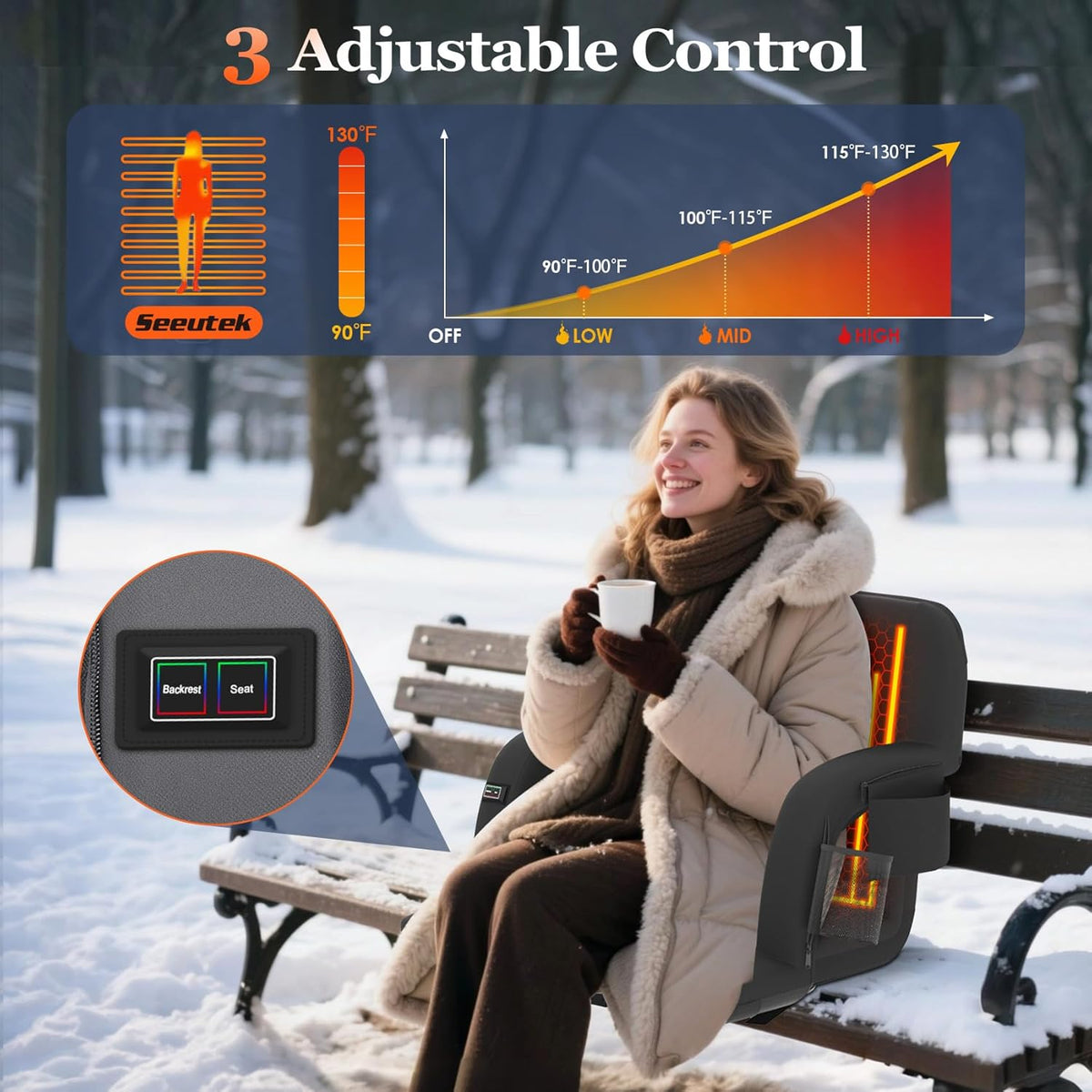 Seeutek Heated Stadium Seats - Comfortable Bleacher Chair with Back Support & USB Heating | 23-Inch, 5 Pockets