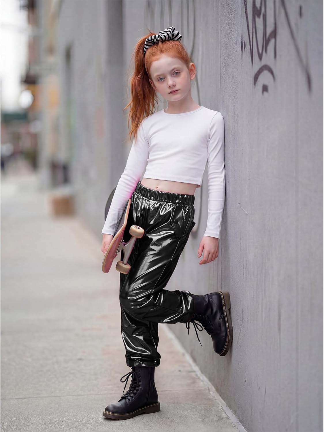 Stelle Girls Metallic Cargo Pants - Shiny Hip Hop Dance Joggers | Sparkly Stretchy Wide Leg for Kids 4-15 Years