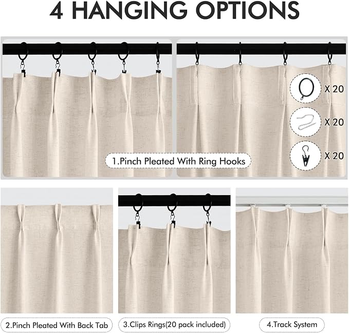 Memory Trained Pinch Pleated Curtains 96 Inches Long, Viral Linen Pinch Pleat