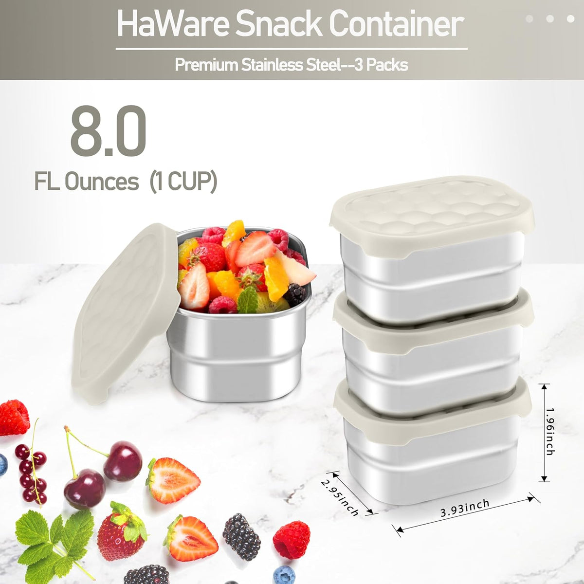 HaWare Stainless Steel Snack Containers for Toddlers and Kids, 8 oz Leak Proof Food Storage Containers with Khaki Silicone Lids, Stackable Small Metal Lunch Box for Daycare and School- 3 Packs