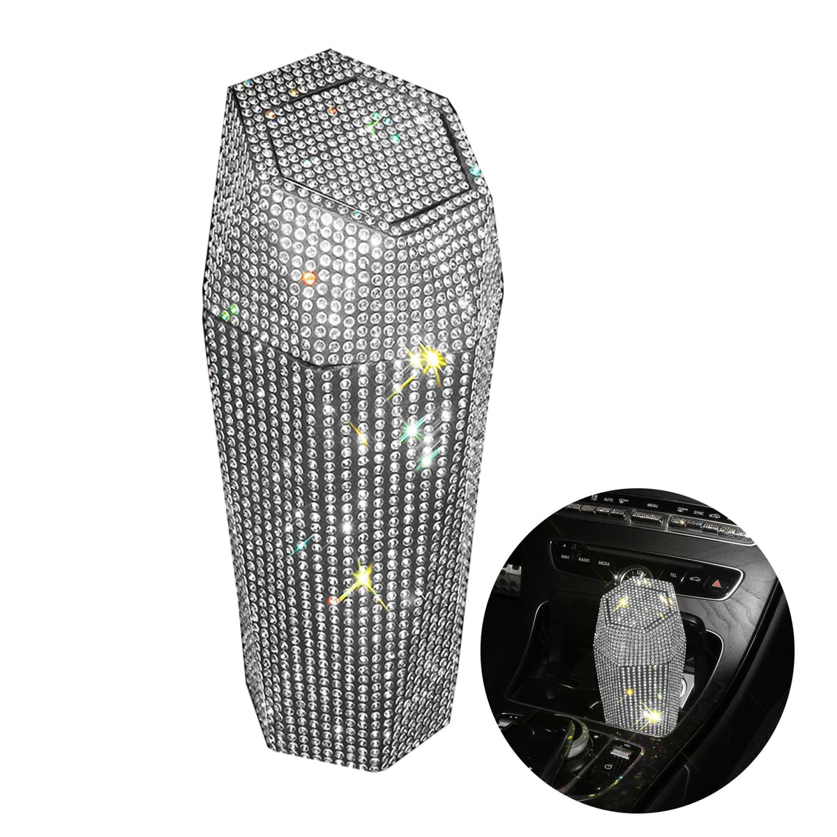 Rhinestone Car Trash Can with Lid, Sparkly Garbage Can, Diamond Design Small Automatic Portable Trash Can for Automotive, Home, Office, Kitchen, Bedroom.