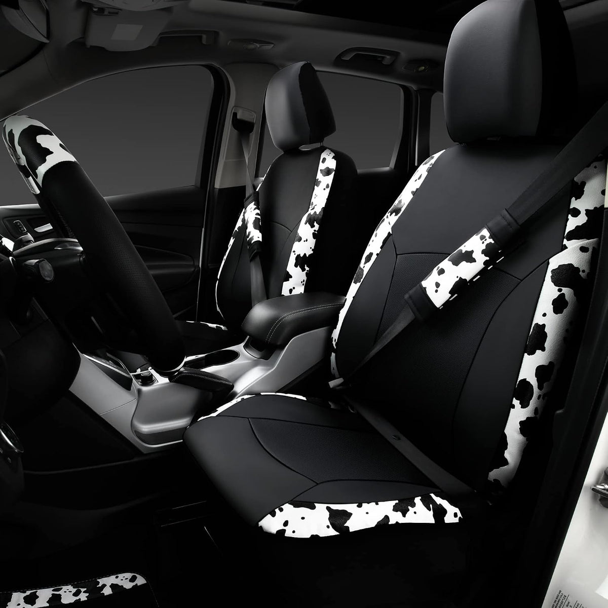 CAR-PASS Cow Print Car Accessories Sets Faux Leather Car Seat Covers & Cow Car Mats & Cow Steering Wheel Cover Seat Belt Pads Universal fit for SUV,Van,Saden,Truck Cute Automobile Interior Sets Women