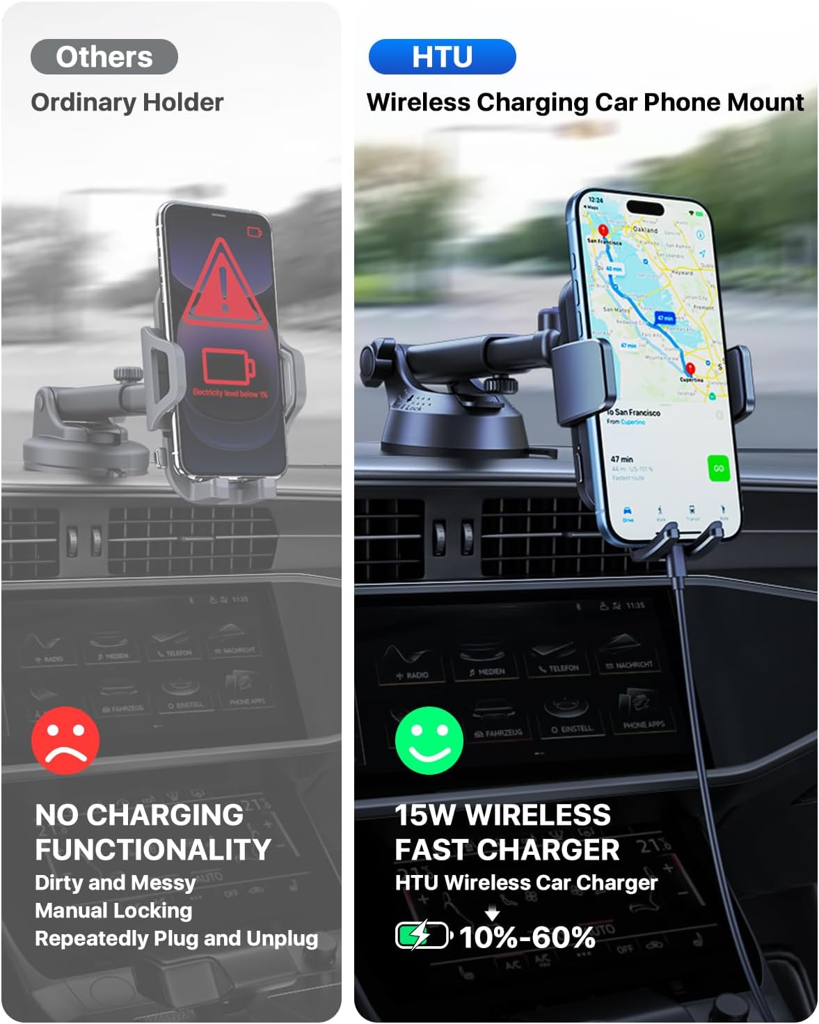 HTU Wireless Car Charger 15W Auto Clamping Phone Holder Dash Windshield Vent, Car Charger Compatible with iPhone 17 16 15 14/13/13 Pro/12 pro/12/11/X/8, Samsung S24/S23/S22,Black