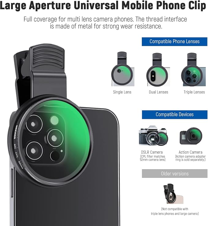 NEEWER 52mm CPL Filter for Phone, Clip On Circular Polarizing Lens Filter